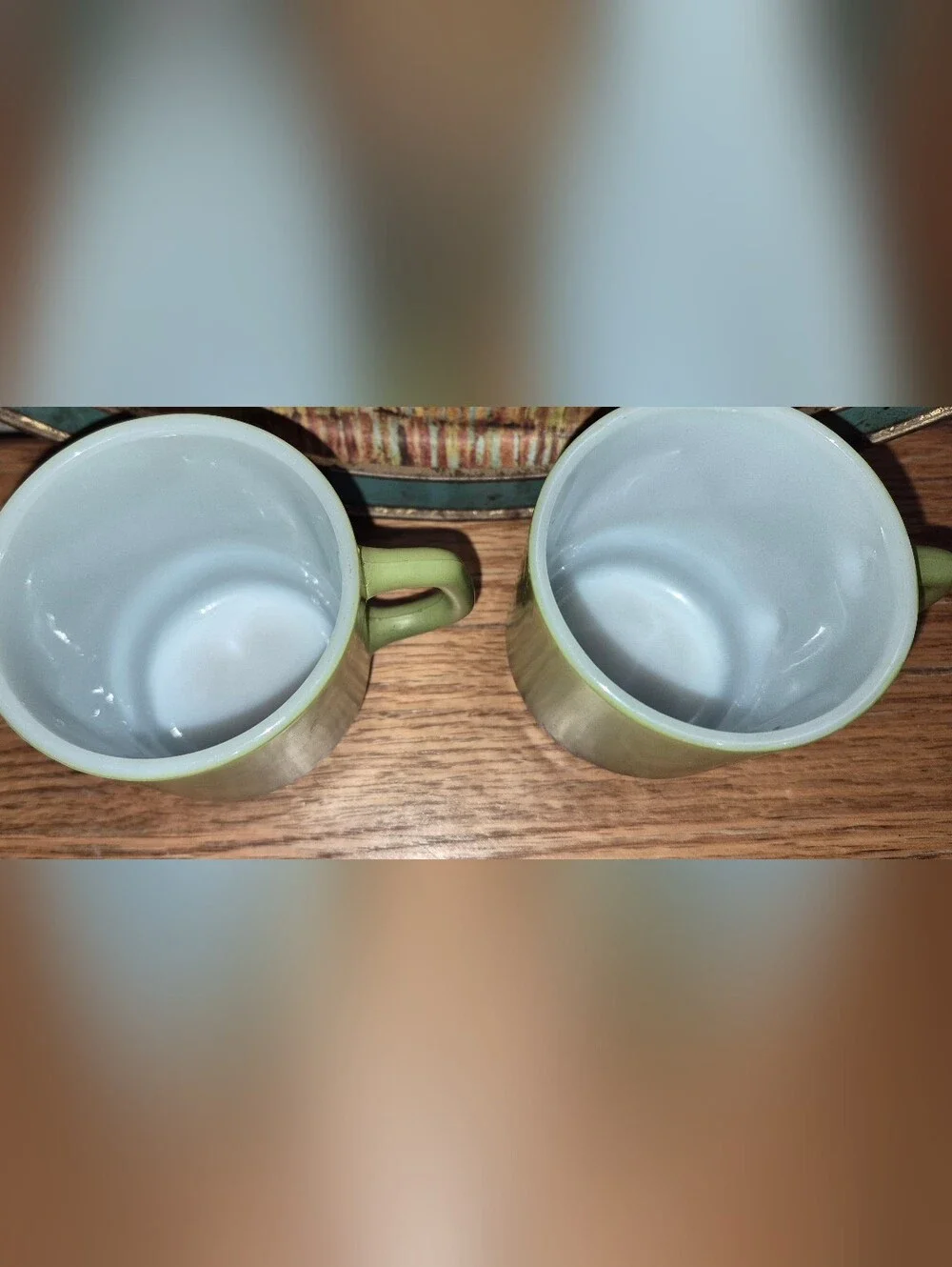 2 Vintage Anchor Hocking Fire-King stacking coffee mugs, avocado green & Black